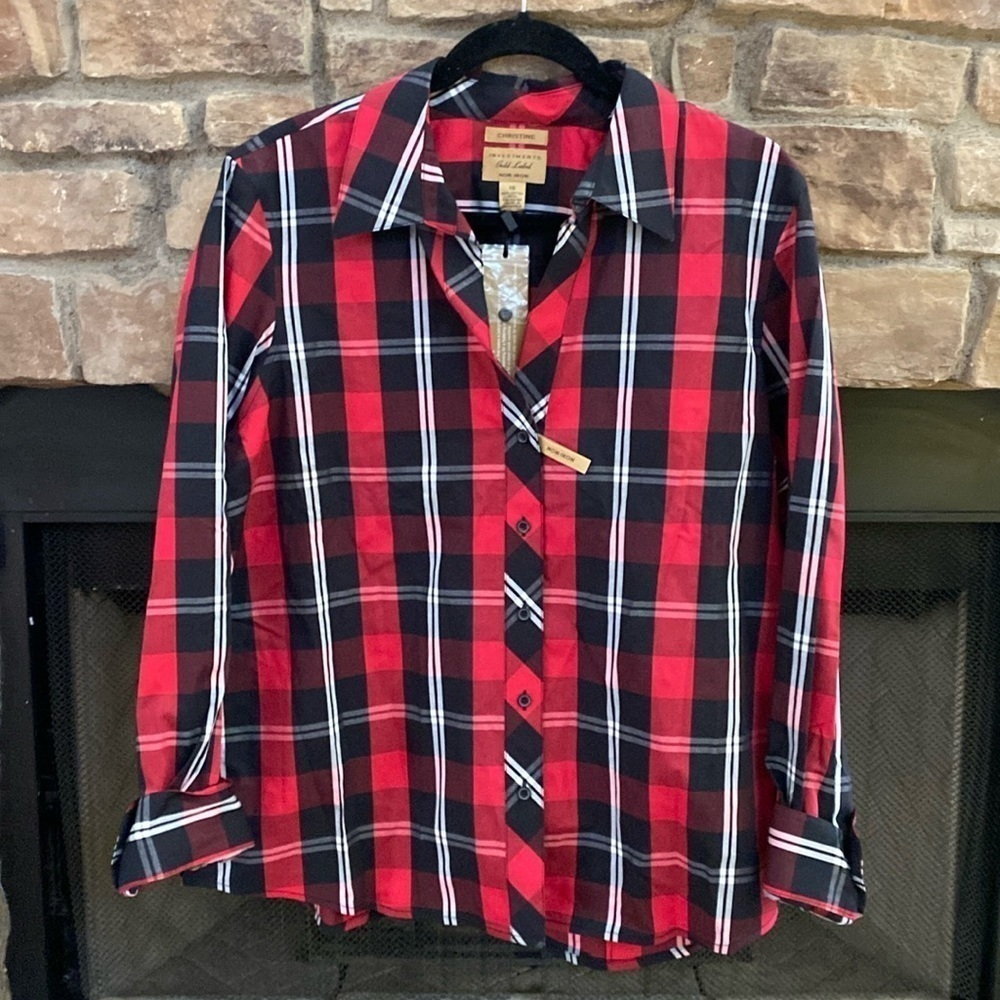 NWT Investments "Gold Label Christine Non Iron" red, white, black plaid top 18